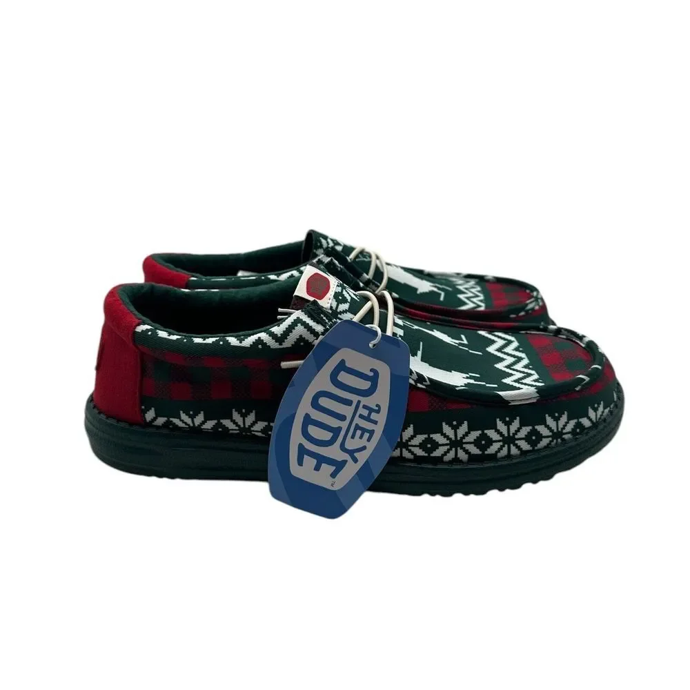 Hey Dude Wally‎ Holiday Cheers Slip On Loafers Mens 8 Green Christmas Deer Print